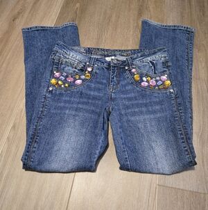REQUEST Blue Jeans Gems Pink Gold Rhinestones Women’s Size 31 Made In Hong Kong